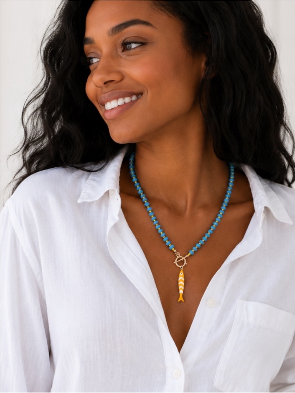 New! Coastal Preppy Blue Beaded Sardine Fish Dopamine Necklace NWOT 5038